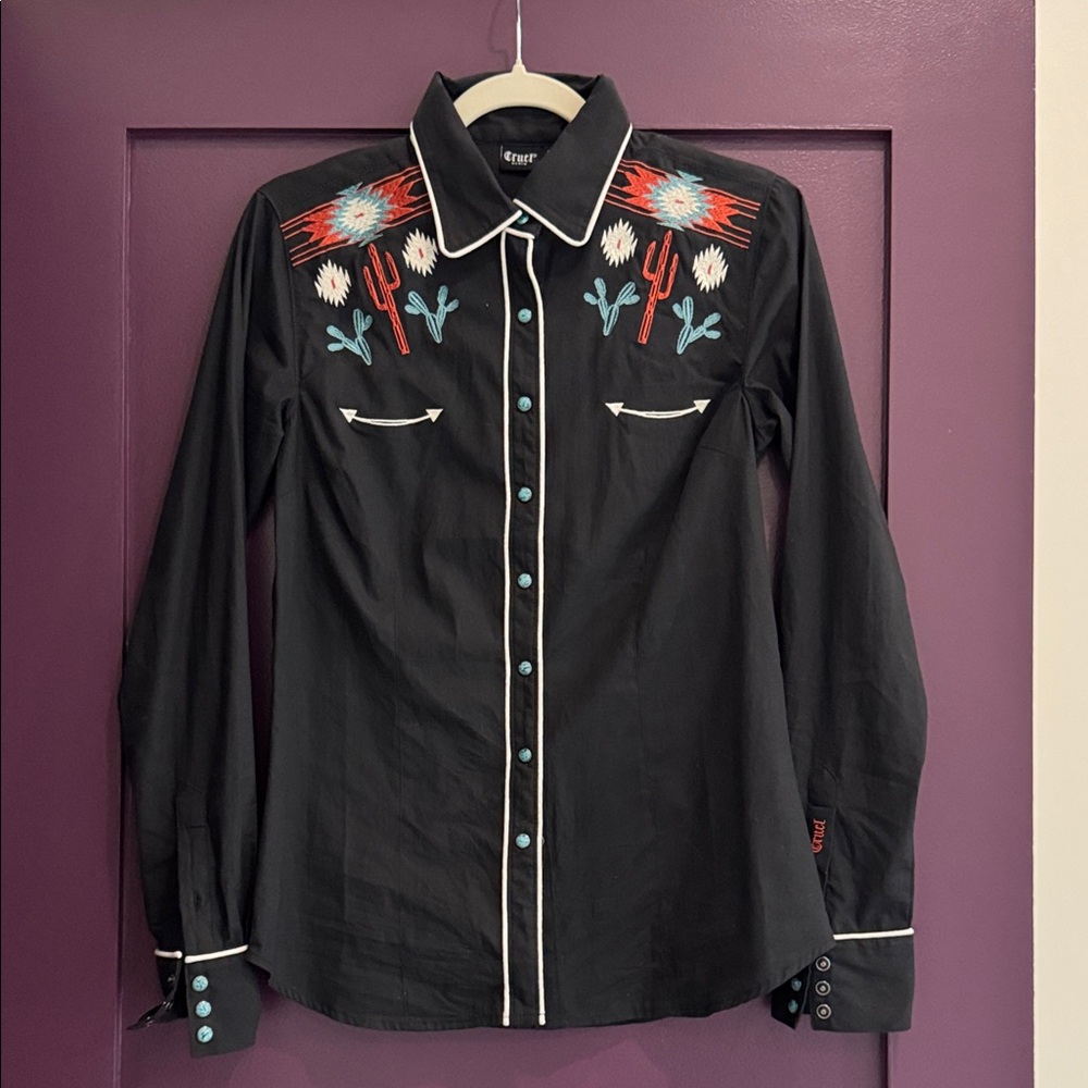 Embroidered Western Button-Down Shirt - Black with Turquoise & Red